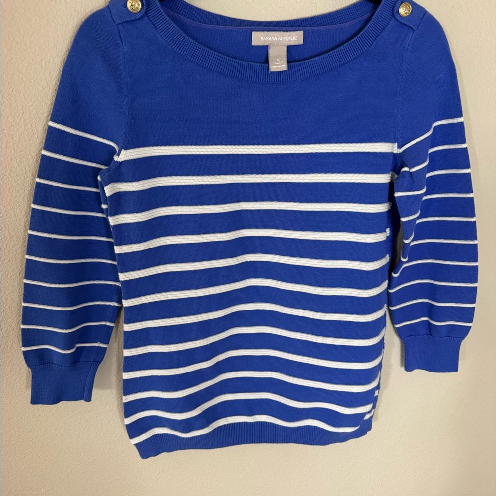 Banana Republic Nautical Stripe Sweater Blue Button Shoulder Size S